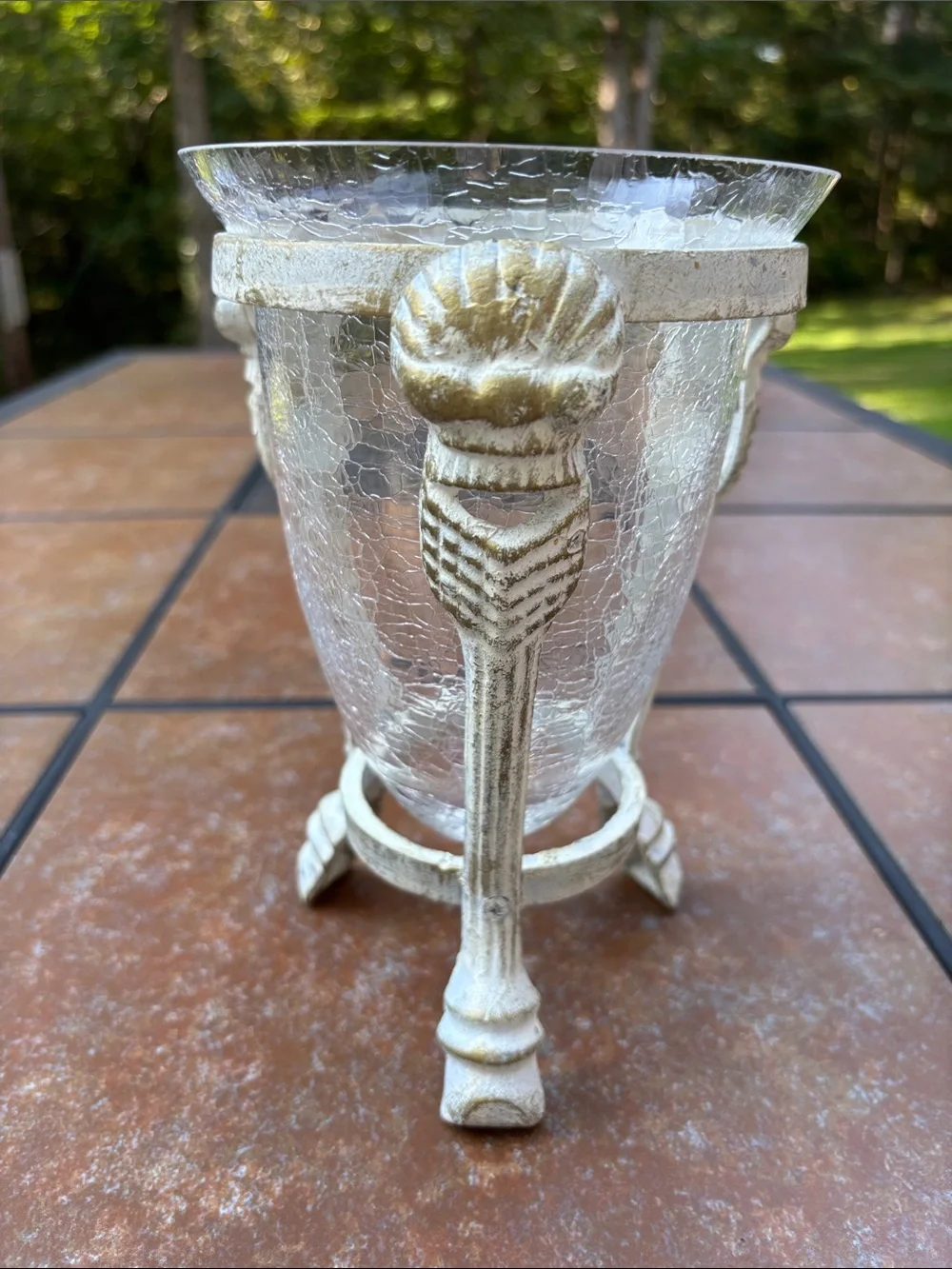 Decorative Clear Crackle Glass Vase/Candle Holder Distressed White Metal Stand